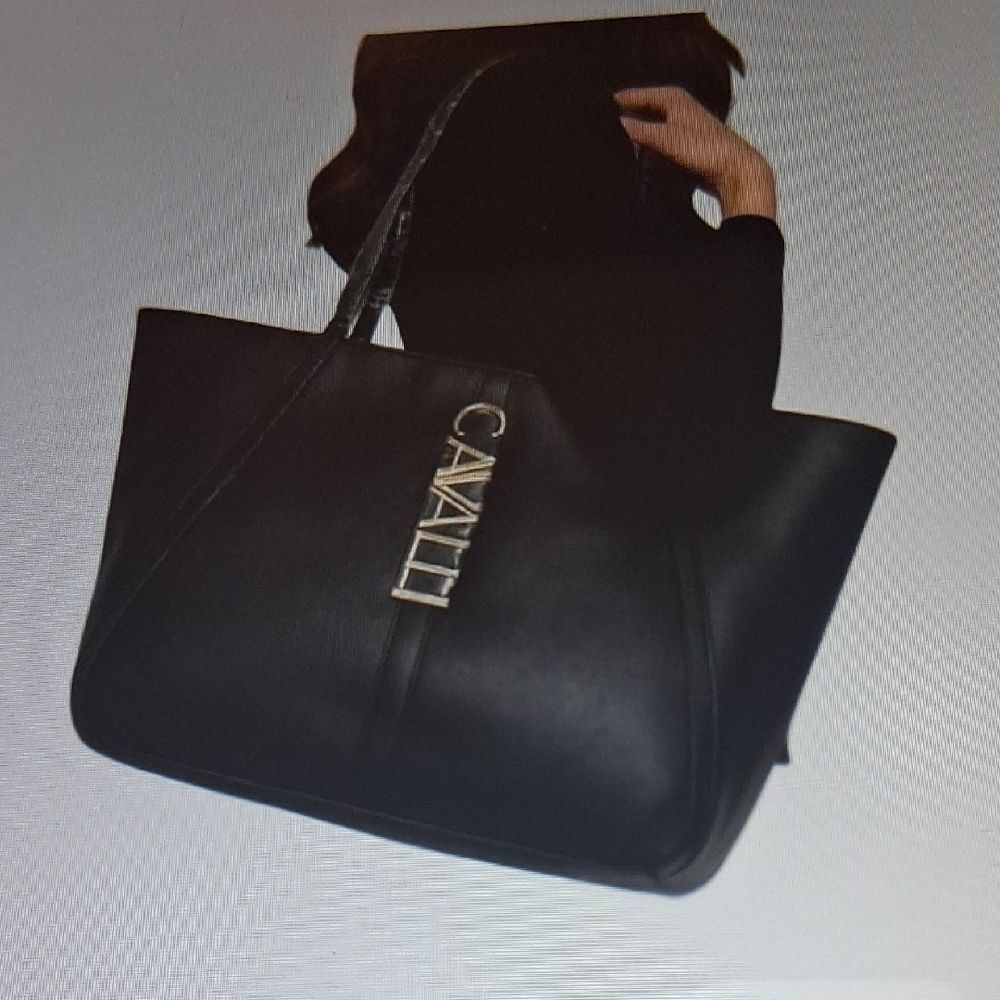 Cavalli New Sandra Shopper  Large Black Onyx Leather Handbag With Gold Logo